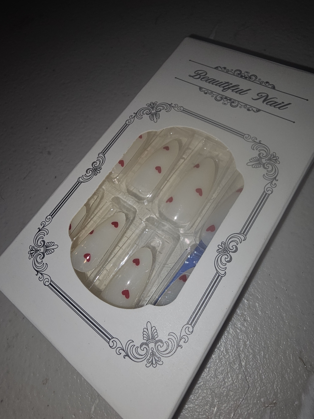 White Press-On Nails with Red Heart Accents